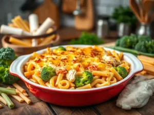 Brak pomysłu na obiad? Zrób zapiekankę makaronową z kurczakiem i brokułami!