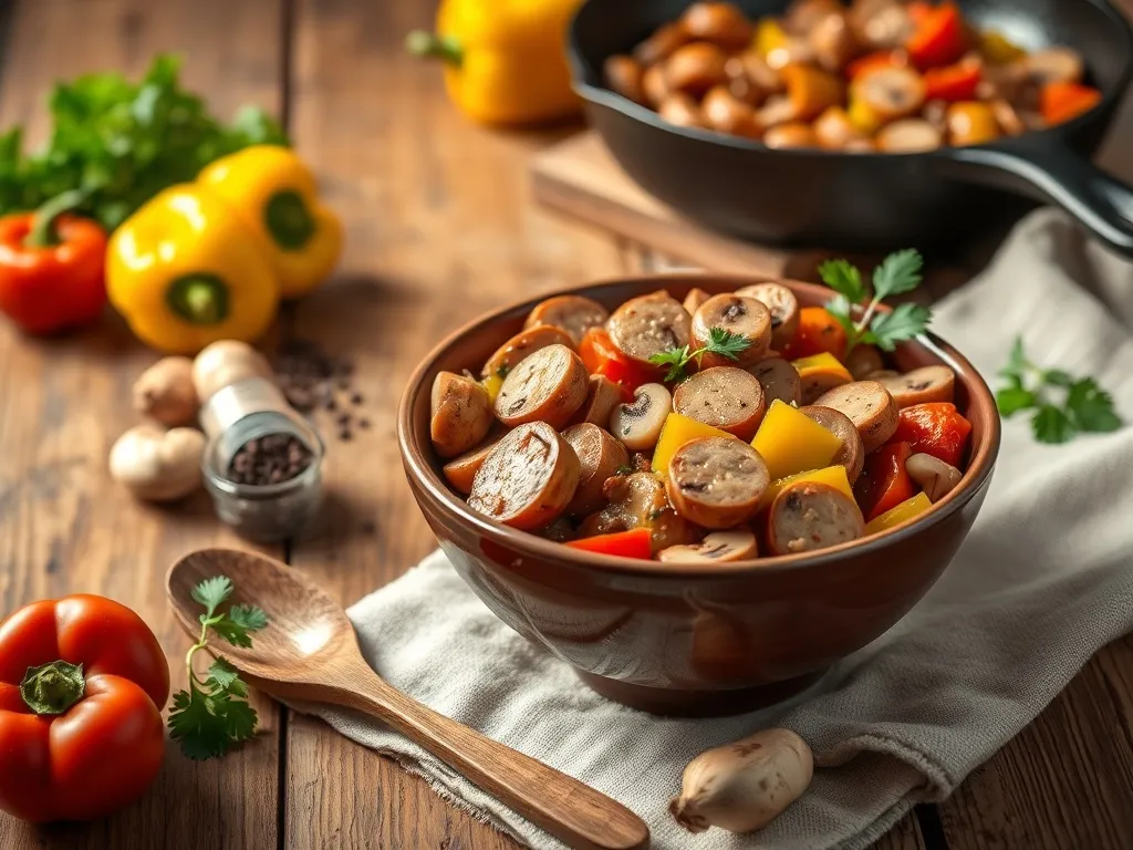 Przepis na leczo z kiełbasą, pieczarkami i papryką