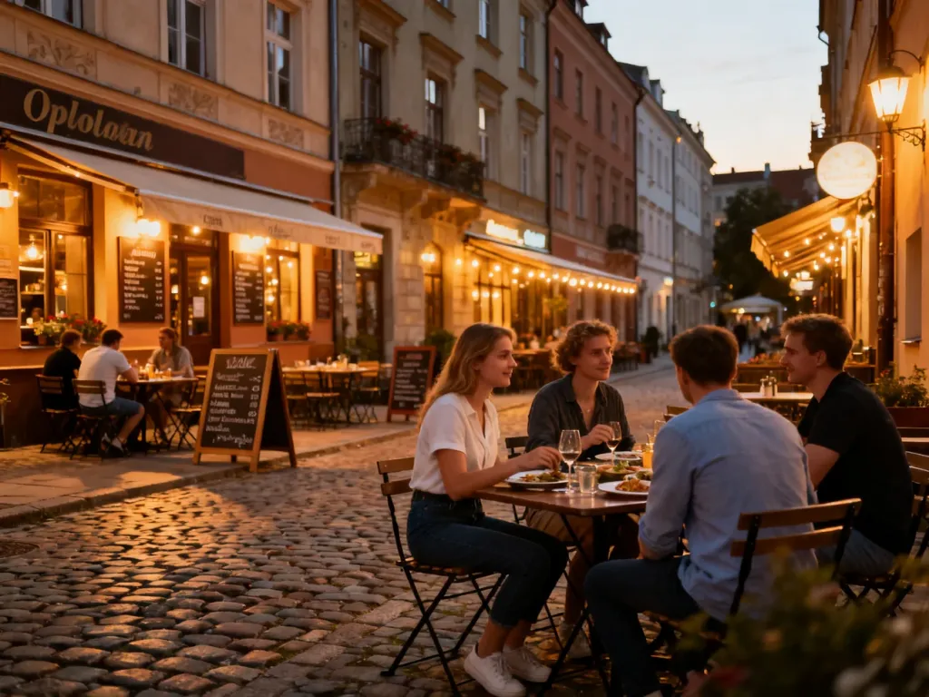 Urokliwa opolska uliczka wieczorem z ogródkami restauracji, ciepłym światłem i gośćmi przy kolacji, no text on the picture
