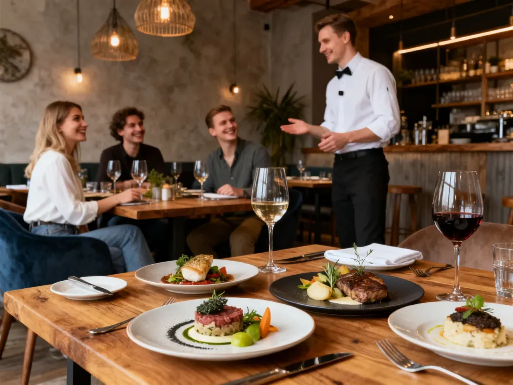Przytulne wnętrze białostockiej restauracji z elegancko podanymi daniami kuchni polskiej na stole, no text on the picture