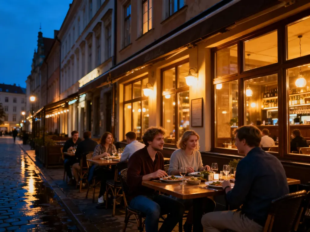 Wieczorna ulica w Szczecinie z klimatycznymi restauracjami, ciepłym światłem i gośćmi jedzącymi przy stolikach na zewnątrz. no text on the picture