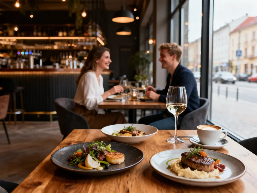 Przytulne wnętrze restauracji w Gorzowie Wlkp., para delektuje się nowoczesną kuchnią polską przy winie, no text on the picture